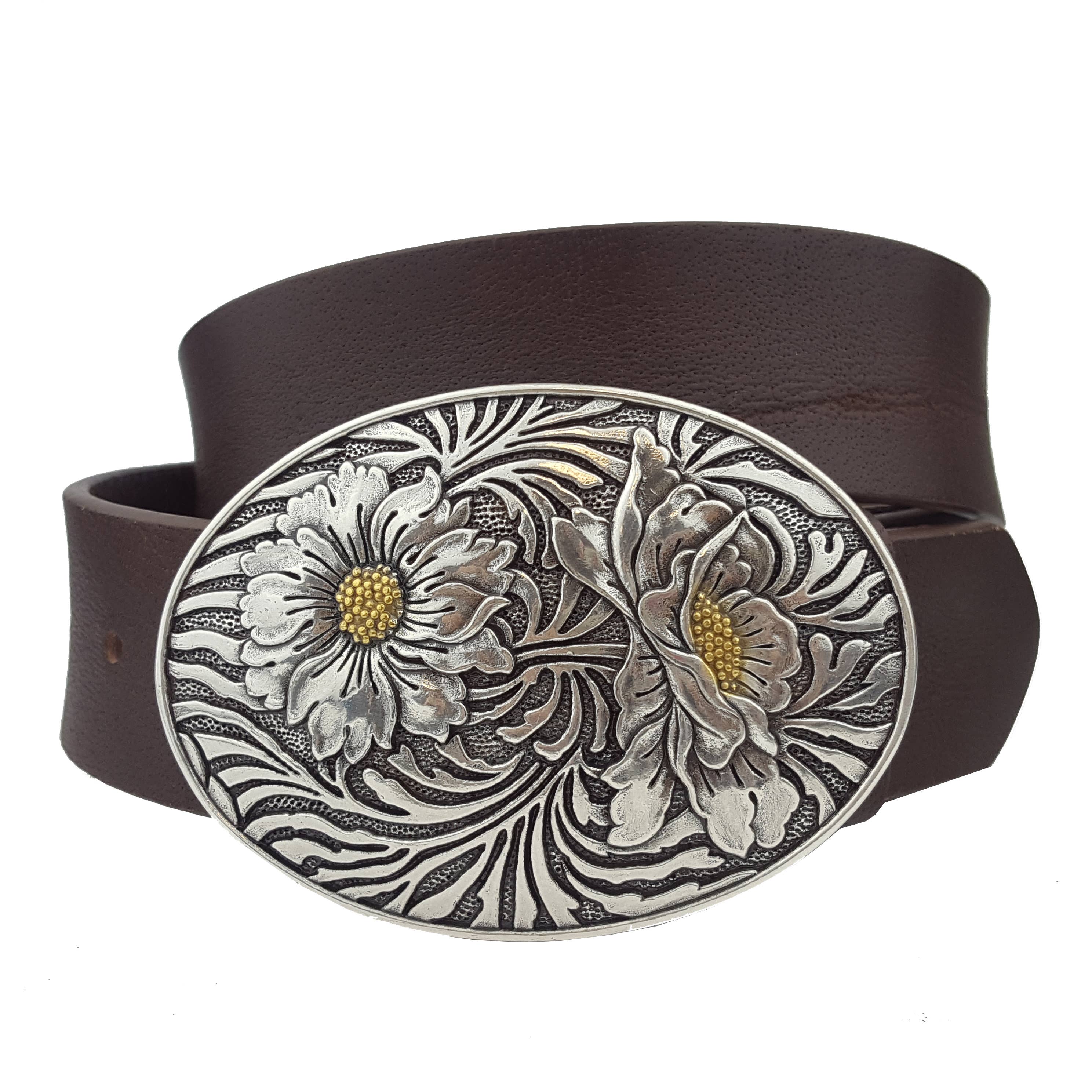 Genuine Leather Belt W/ Western Oval Sunflower Buckle - Brown