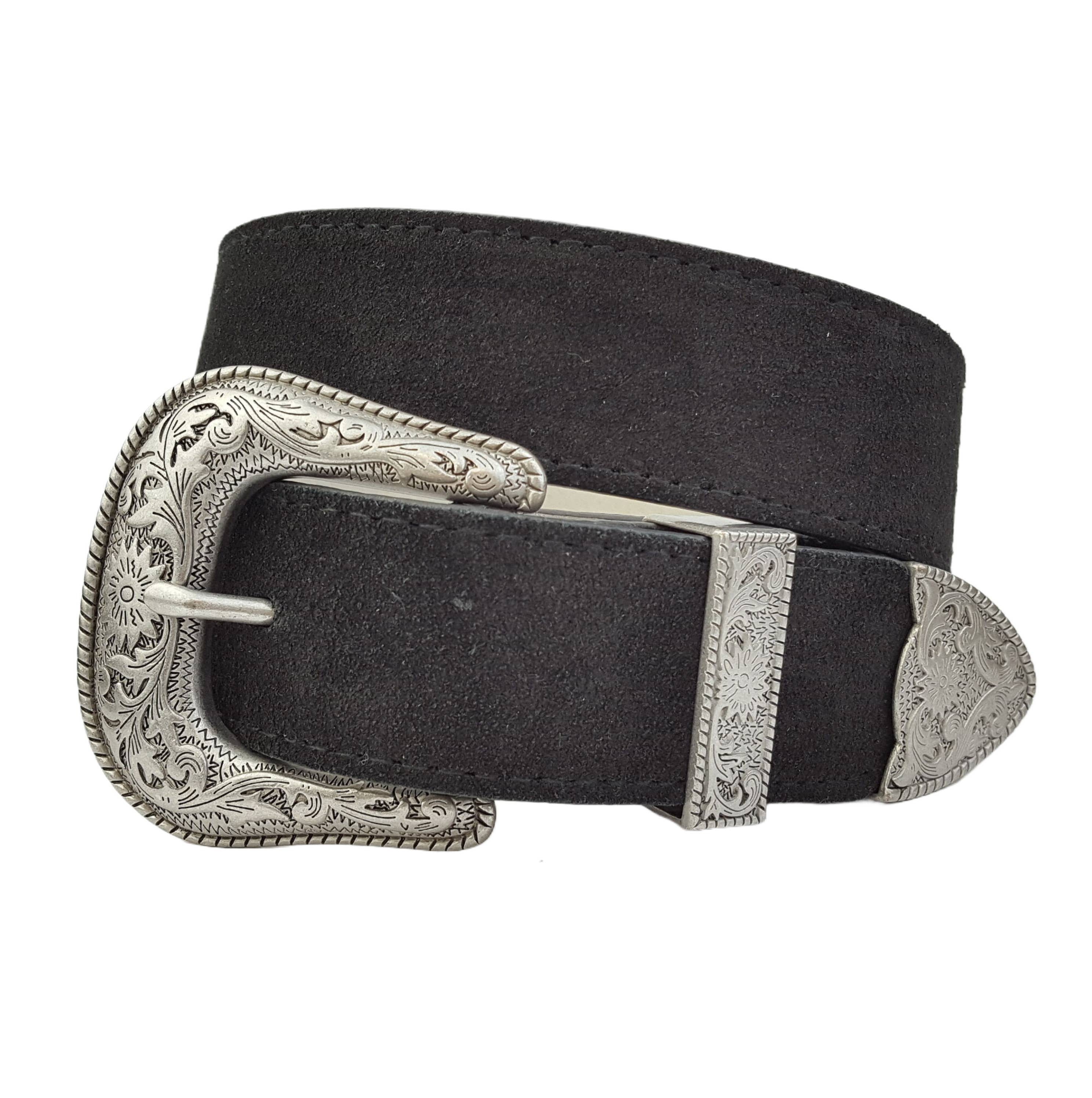 Genuine Suede Belt with Western Buckle - Black