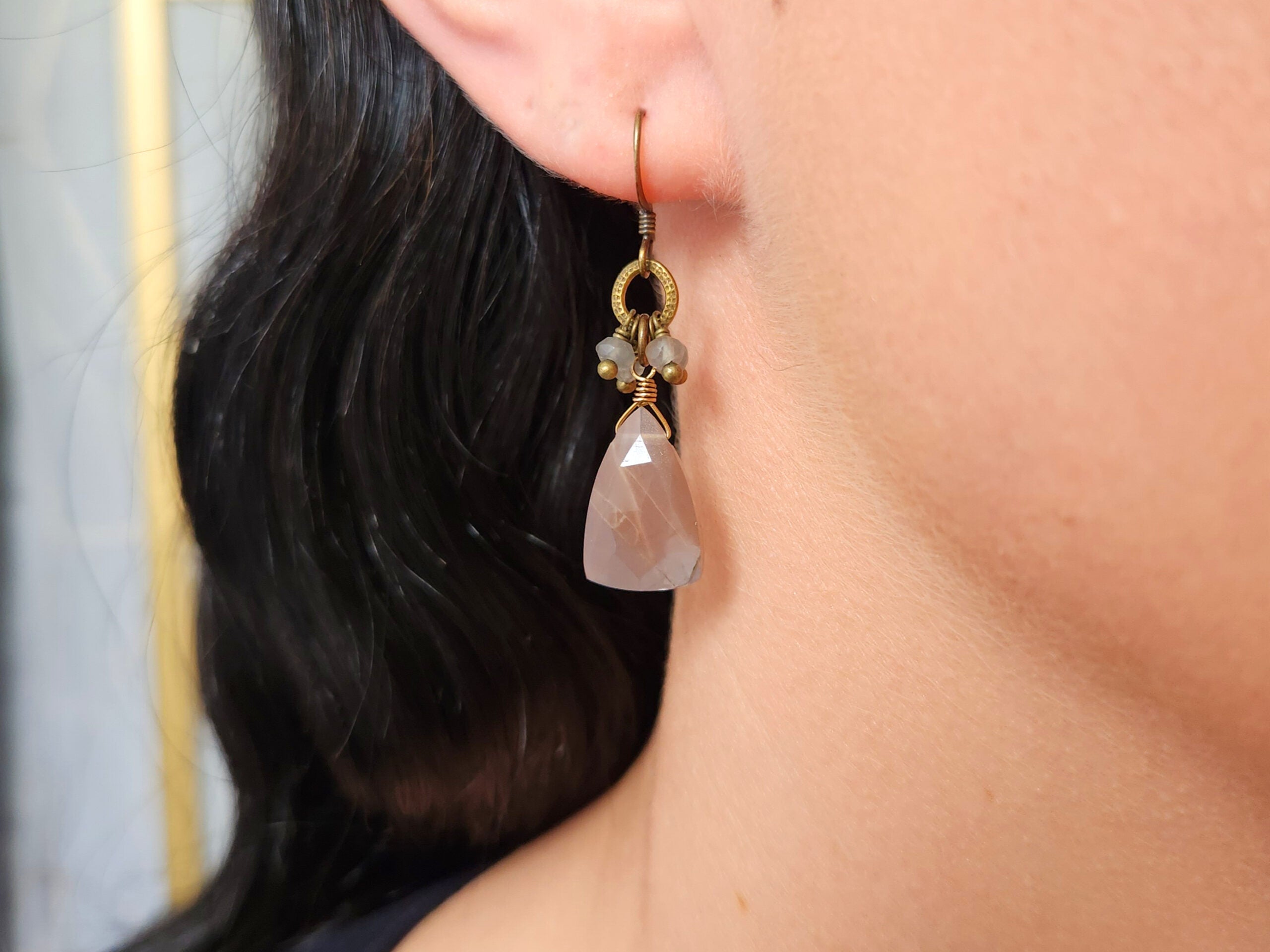 Coffee Moonstone Triangle Stone with Gray Cluster Earrings