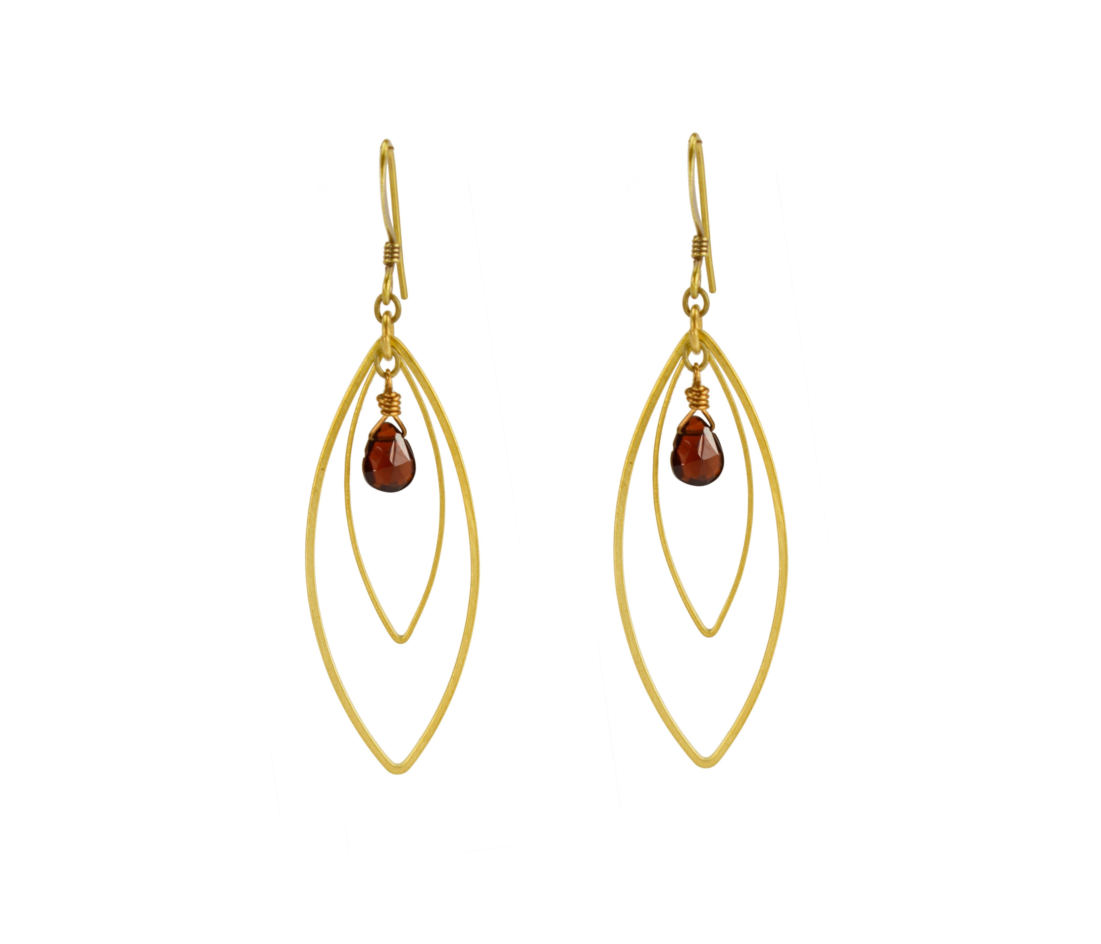 Red Garnet Teardrop Stone Double Marquis Golden Earrings