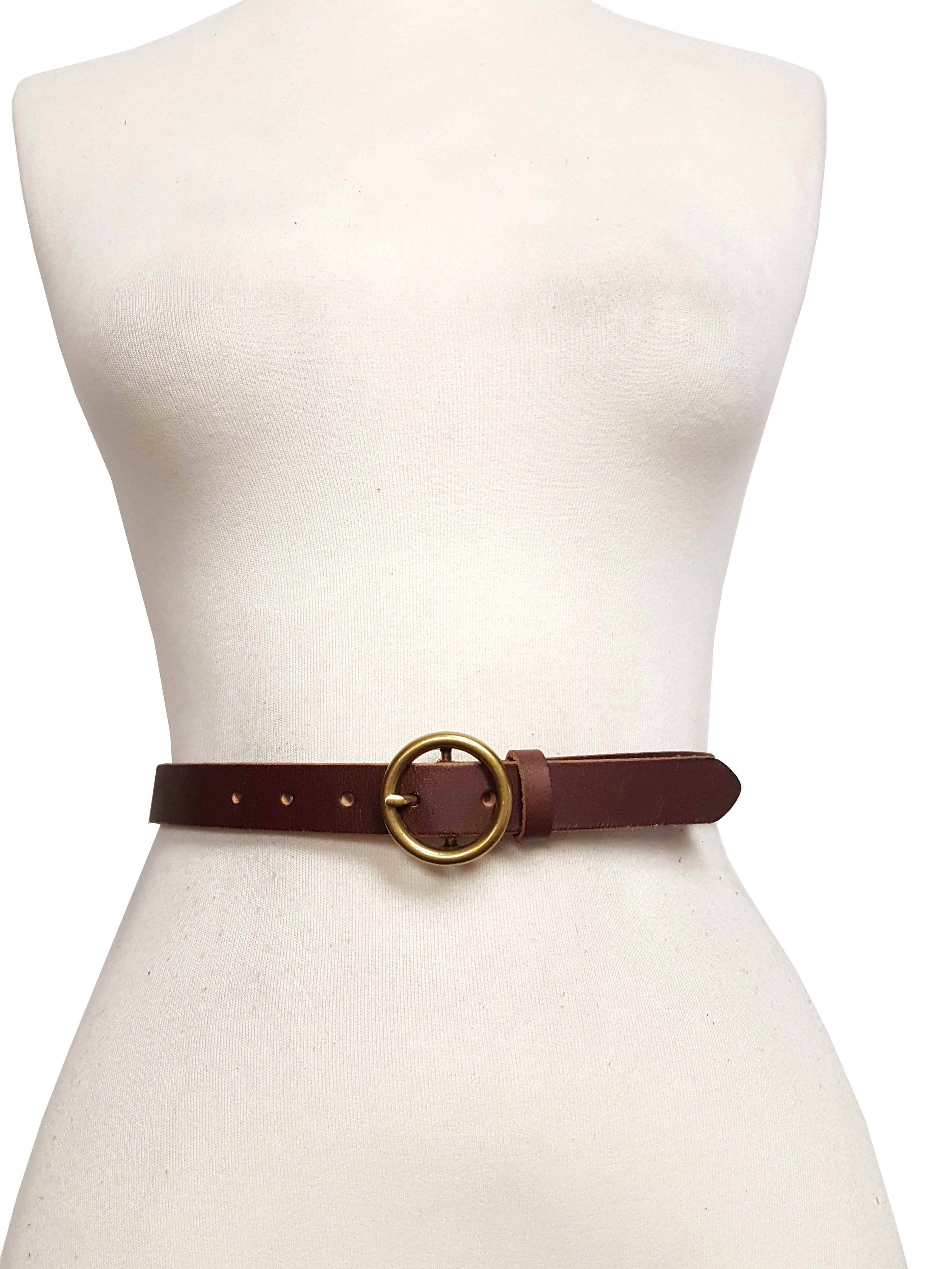 Axesoria West - Genuine Leather Skinny Belt with Round Brass Buckle: Brown / M