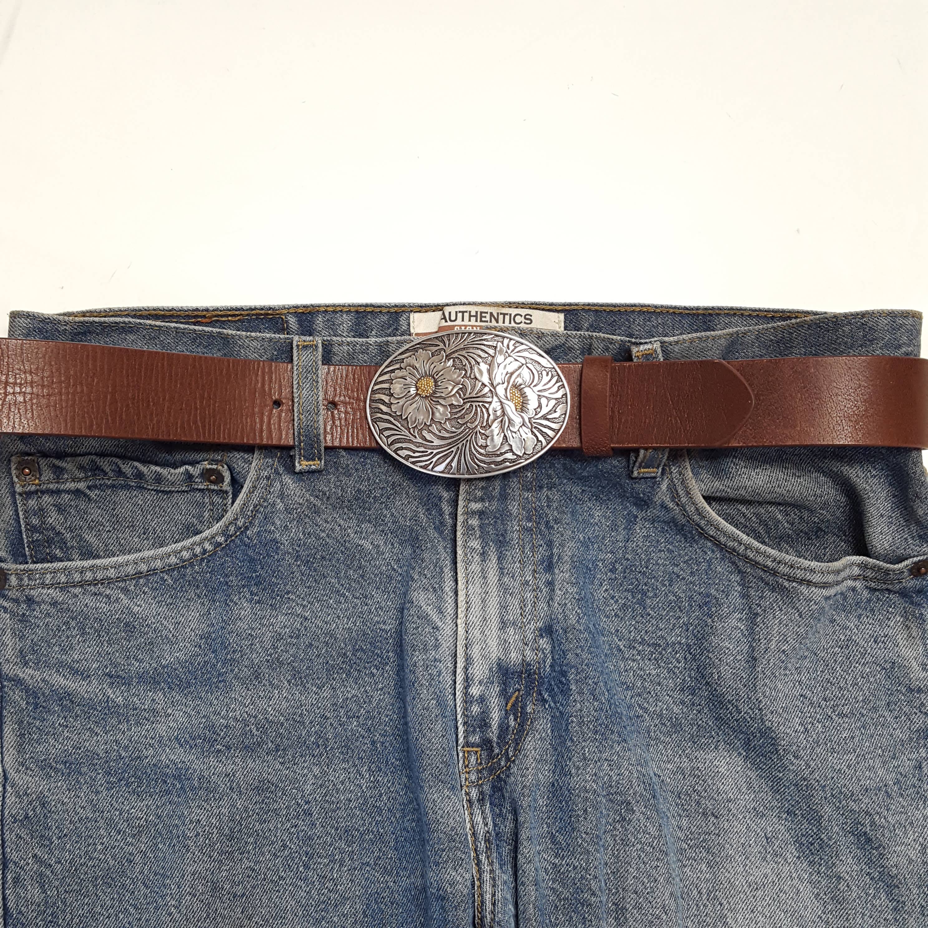 Genuine Leather Belt W/ Western Oval Sunflower Buckle - Brown