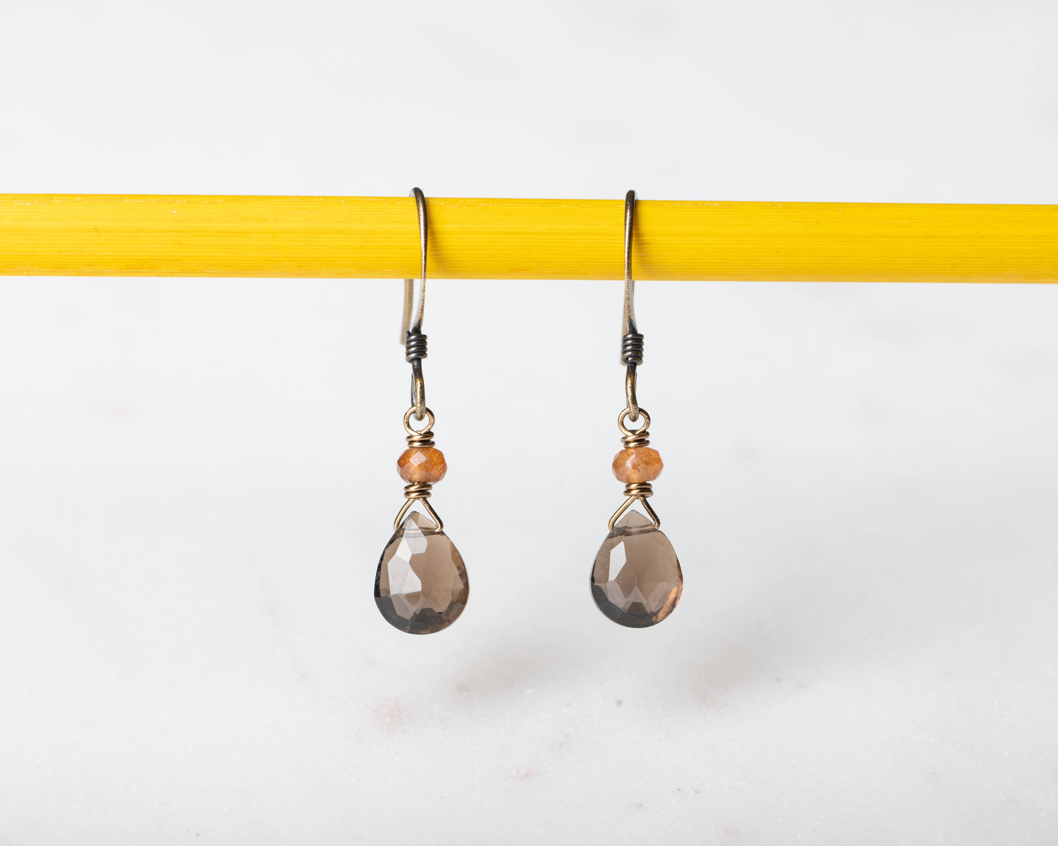 Dainty Smoky Quartz and Brown Jade Earrings