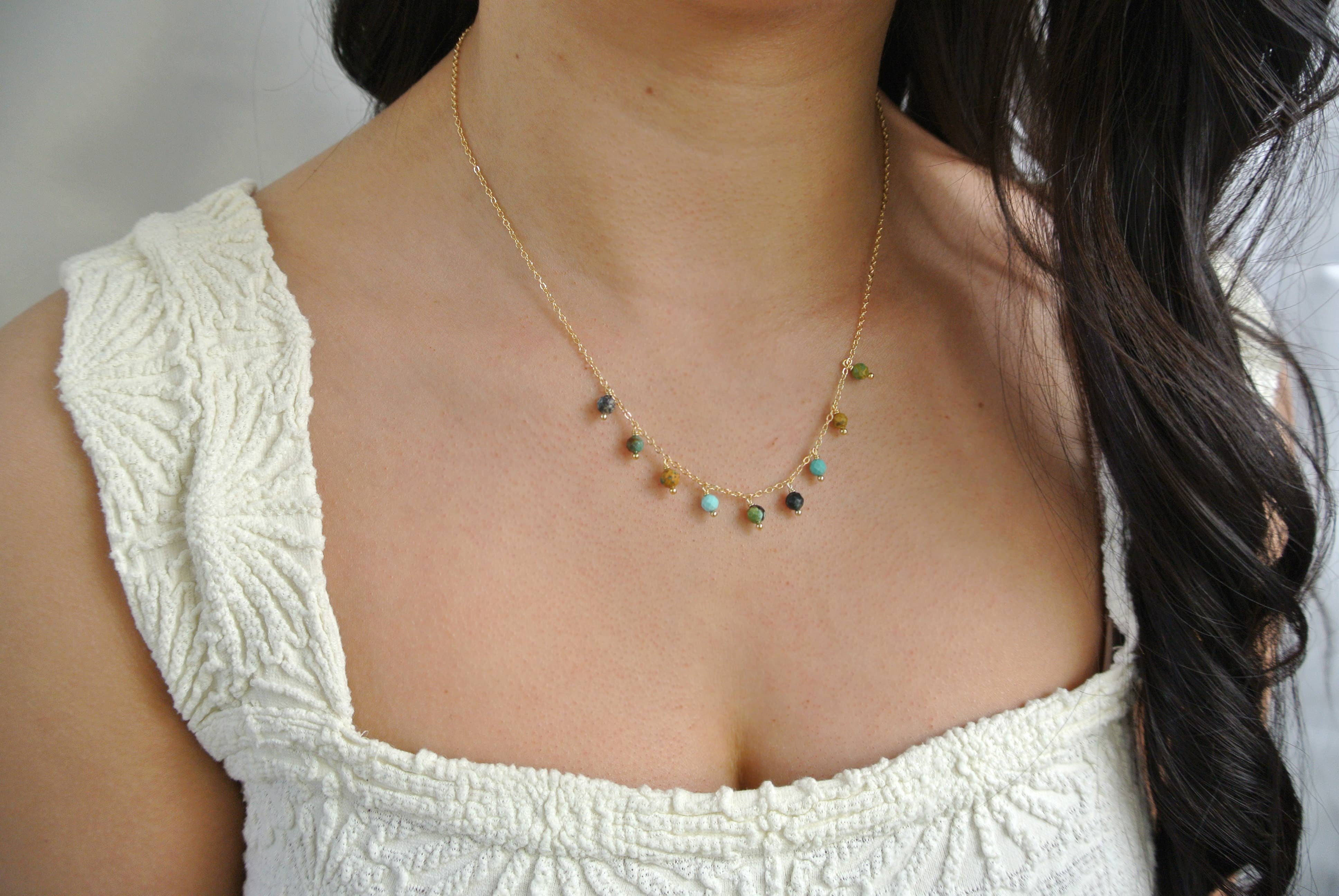 Turquoise Beaded Gold Fringe Necklace