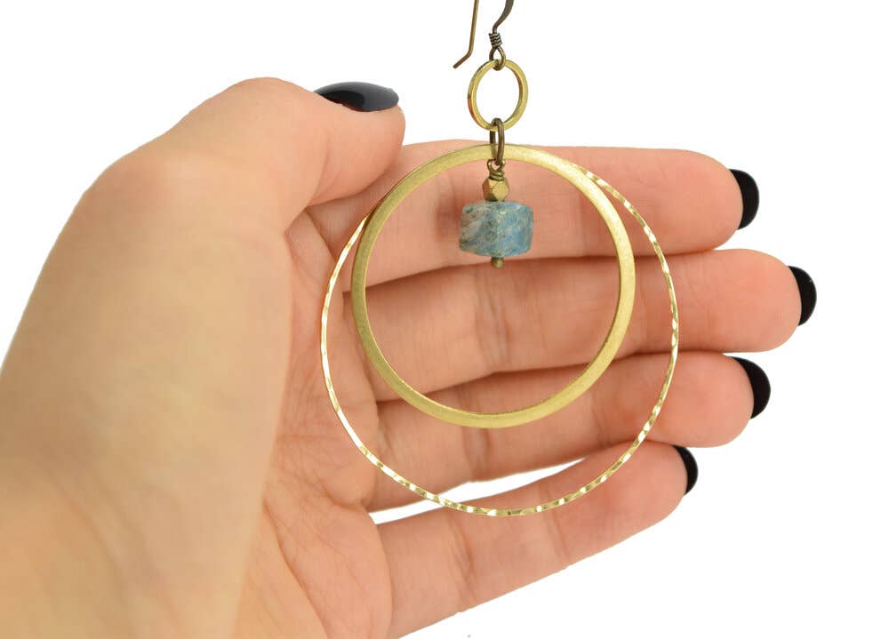 Blue Apatite Cube Large Delicate Hammered Circle Earrings