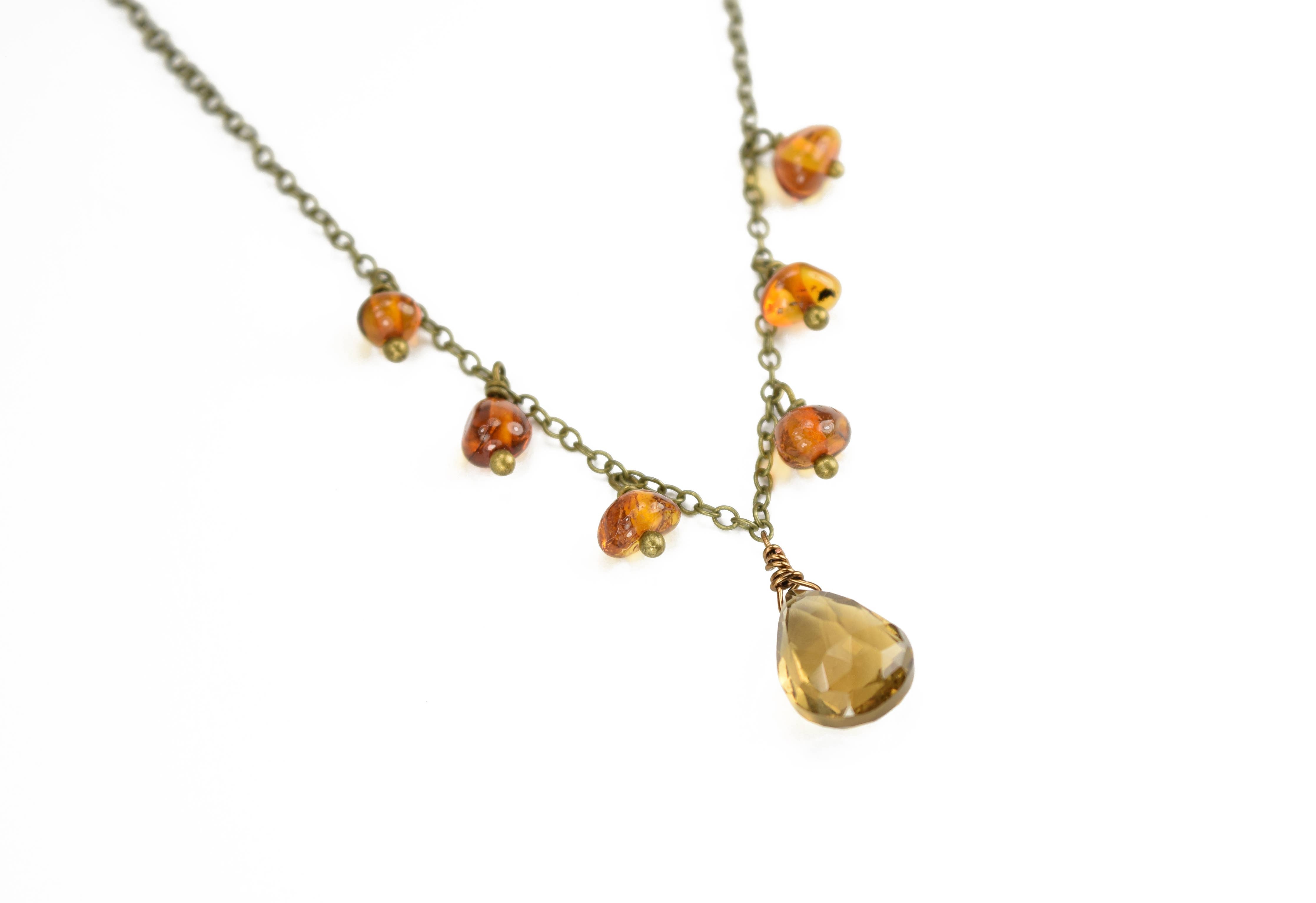 Beer Quartz and Baltic Amber Delicate Boho Fringe Necklace