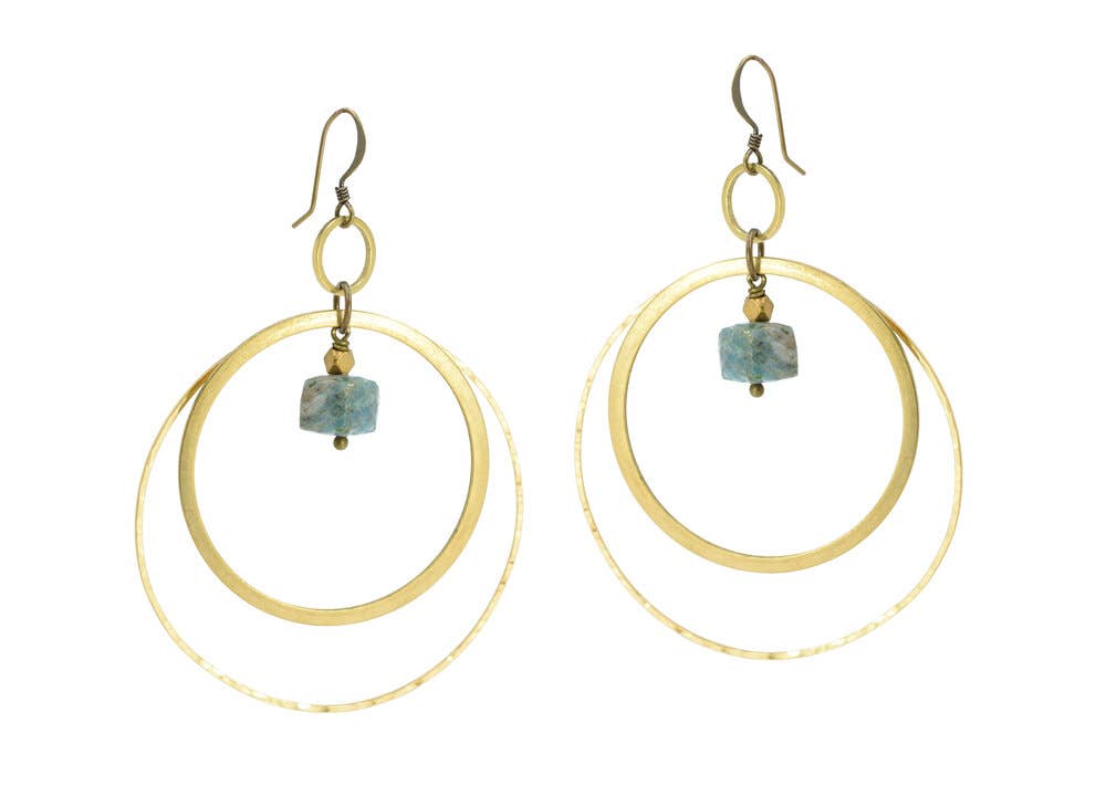 Blue Apatite Cube Large Delicate Hammered Circle Earrings