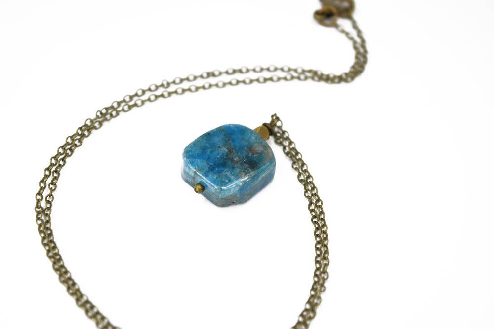 Blue Green Apatite Square Rock Stone Slab Pendant Necklace