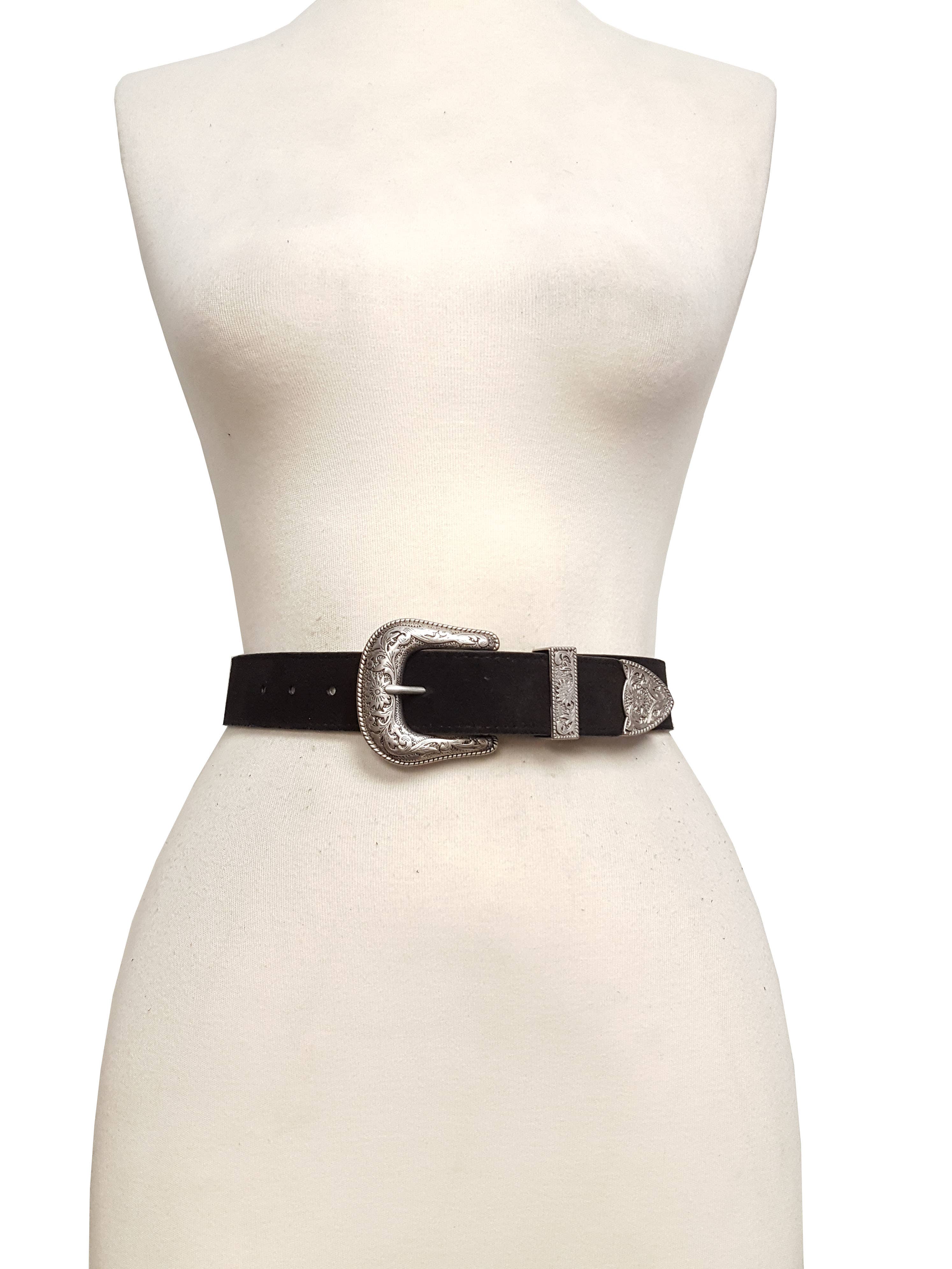 Genuine Suede Belt with Western Buckle - Black