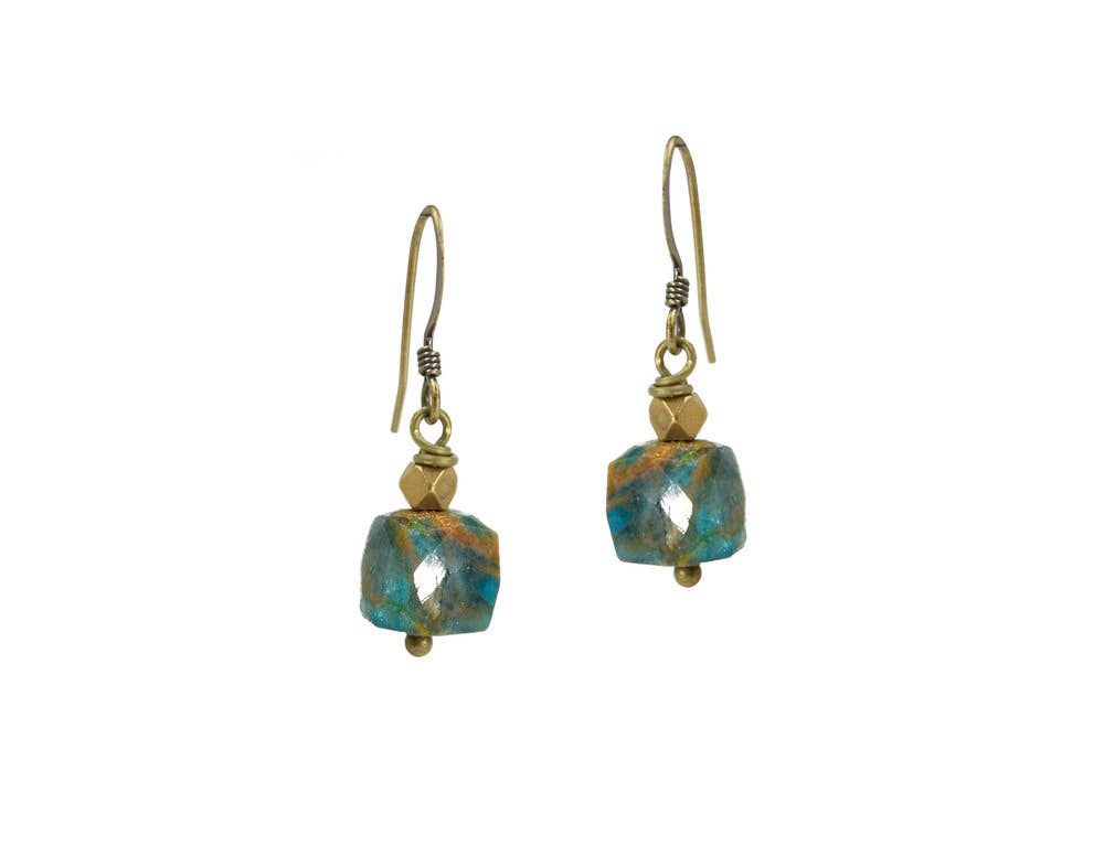 Blue Green Apatite Cube Earrings with Brass Bead