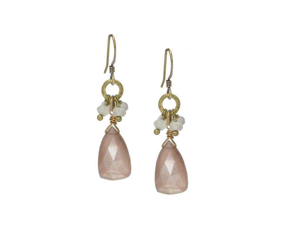 Coffee Moonstone Triangle Stone with Gray Cluster Earrings