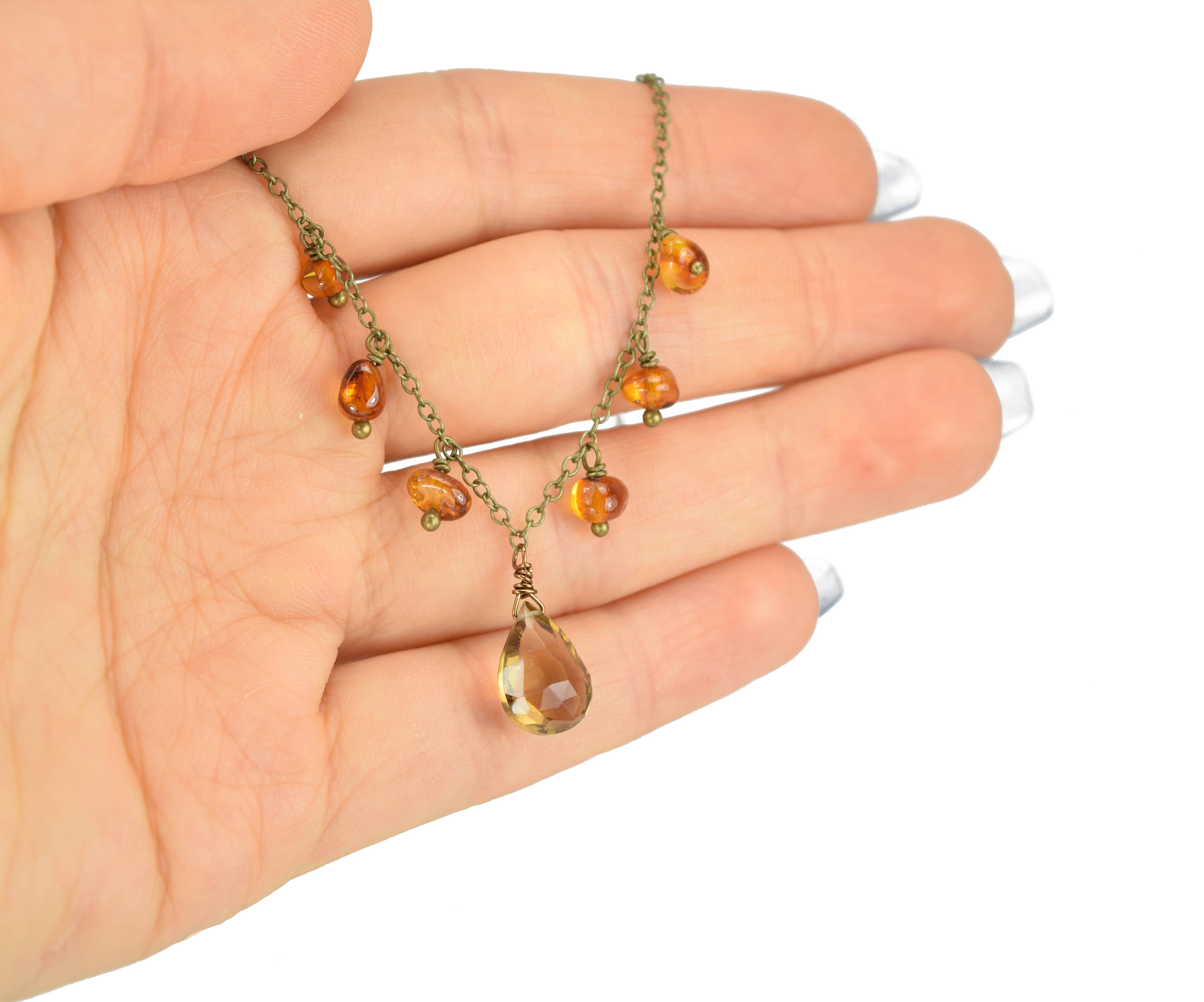 Beer Quartz and Baltic Amber Delicate Boho Fringe Necklace