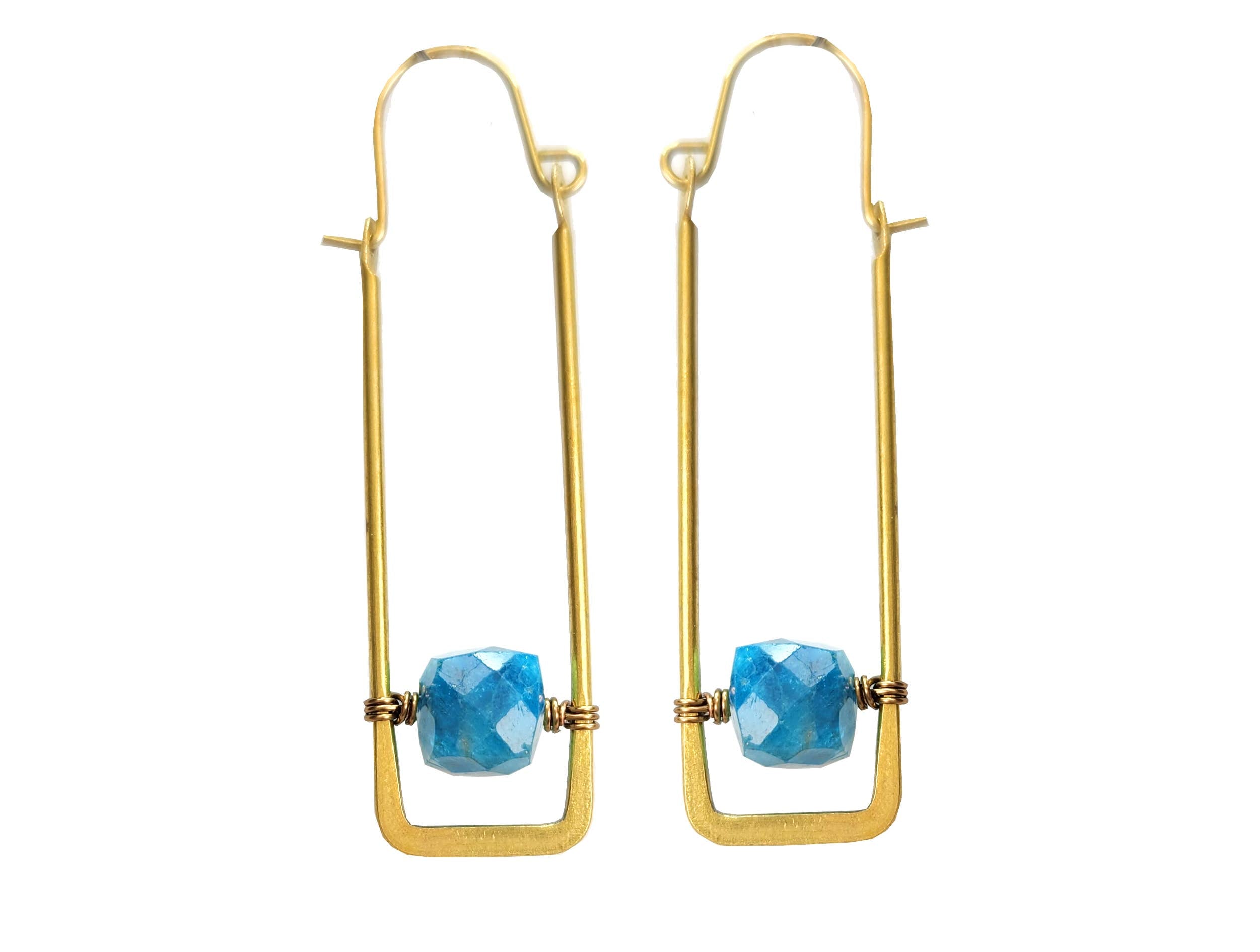 Rectangle Hoop Earrings with Apatite Cube Gemstones