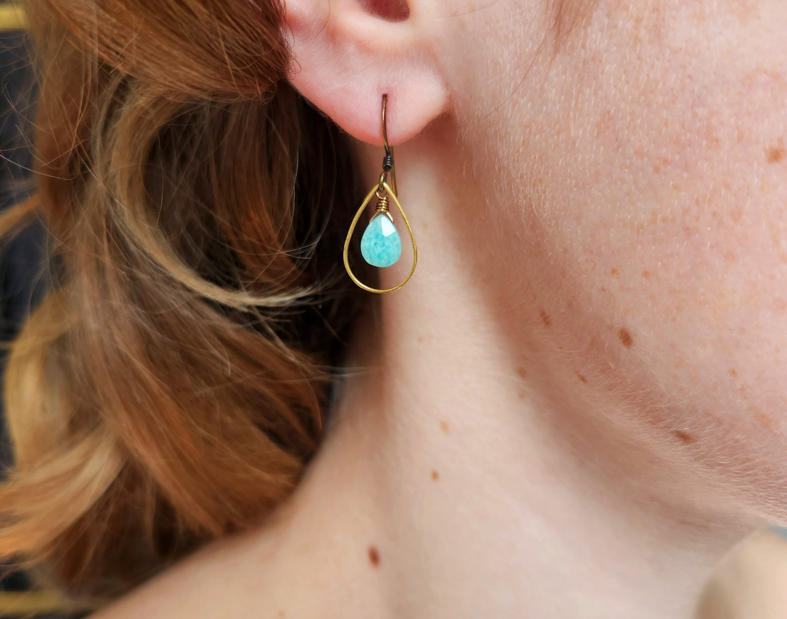 Small Amazonite Brass Teardrop Stone Earrings