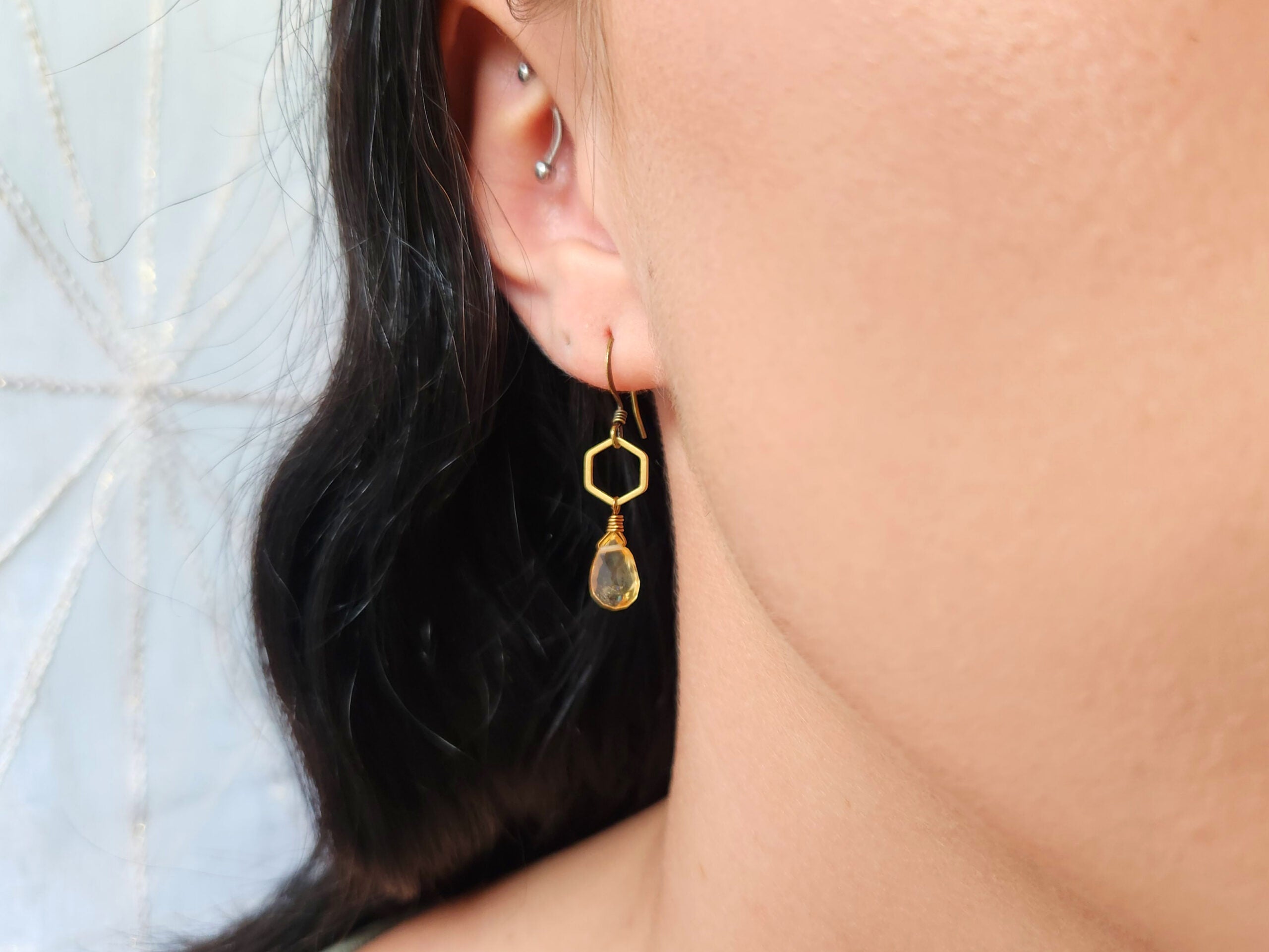 Small Hexagon Earrings with Yellow Citrine Teardrop Stones