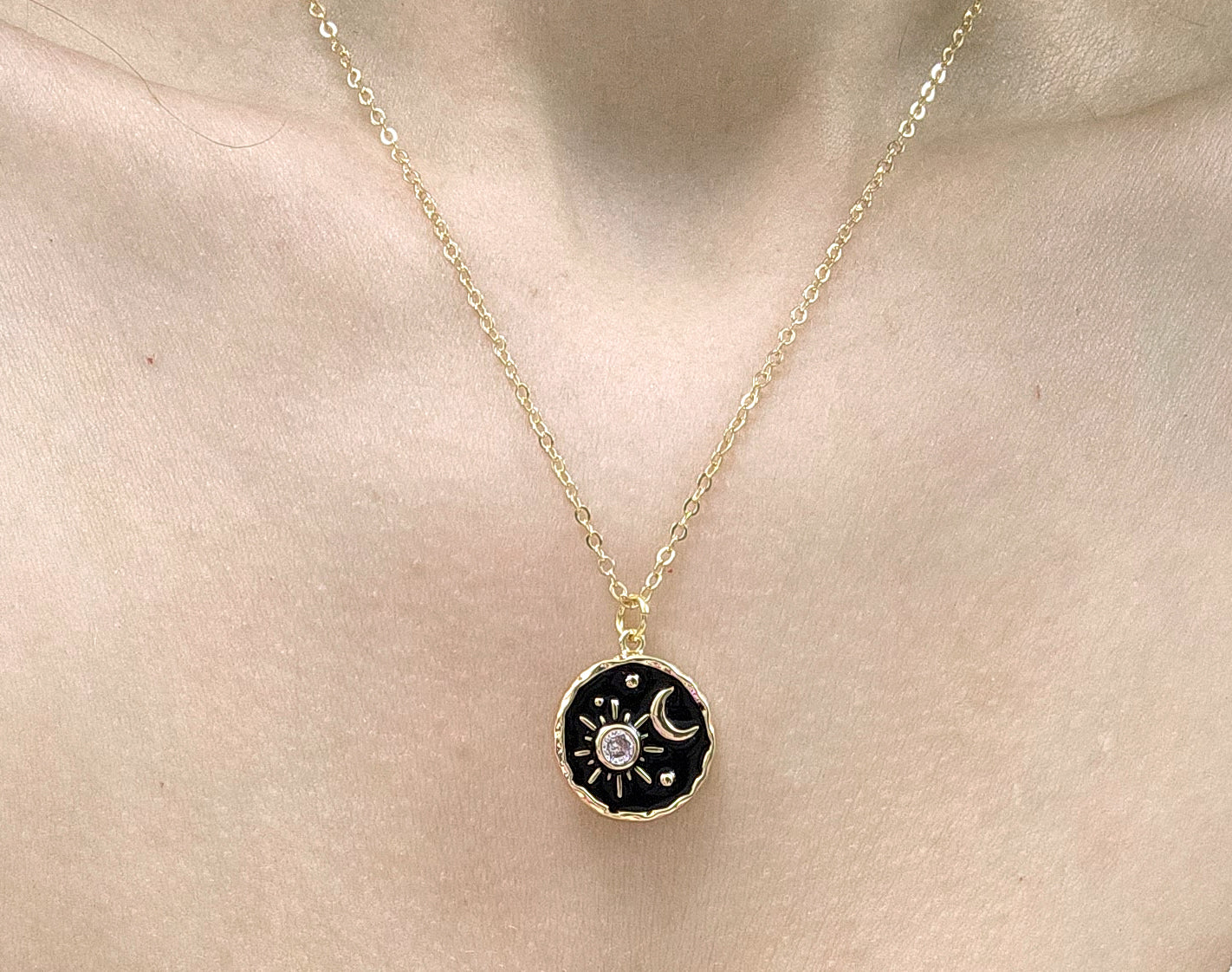 Soft Goth Black Enamel & CZ Crescent Moon Necklace