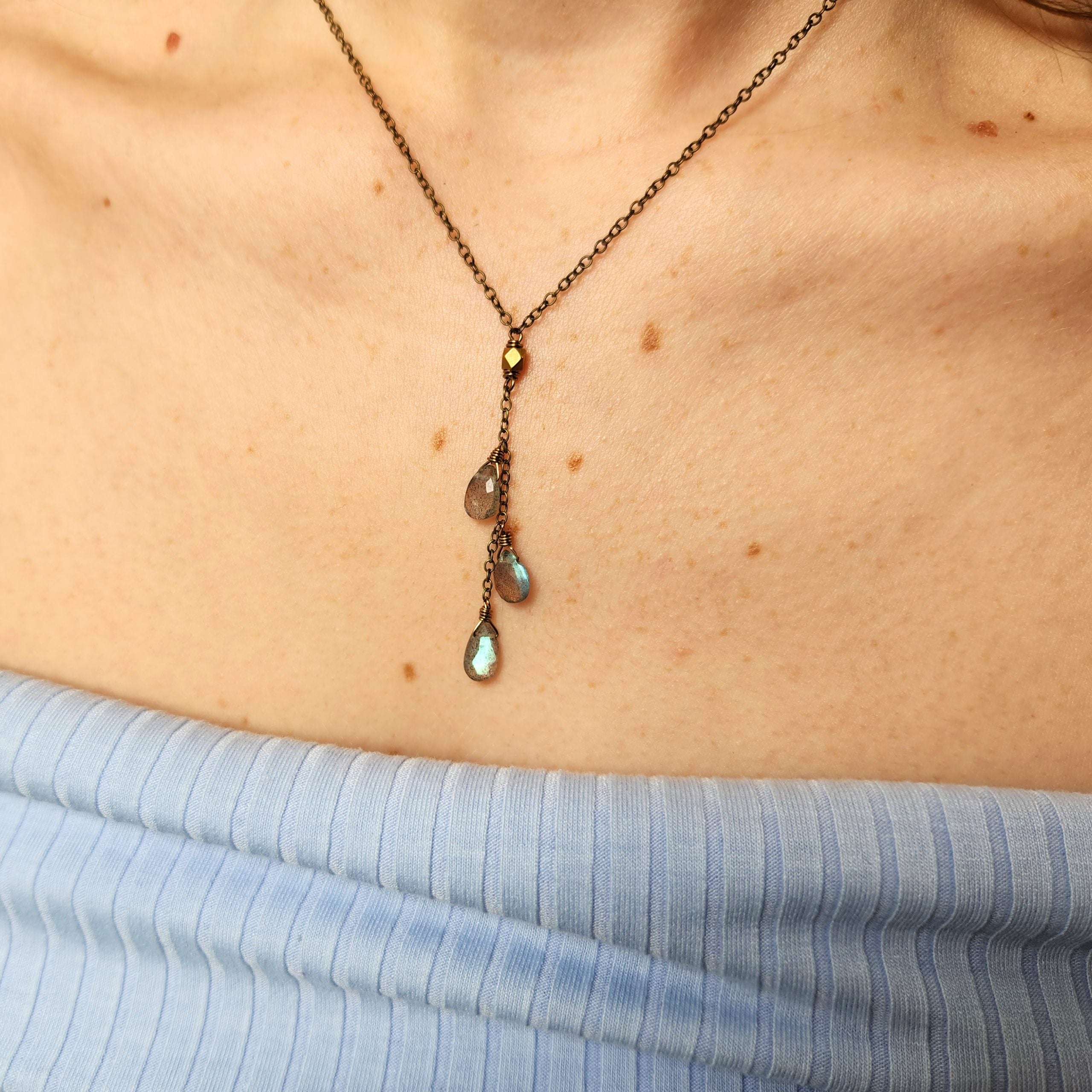 Dainty Delicate Triple Labradorite Chain Necklace