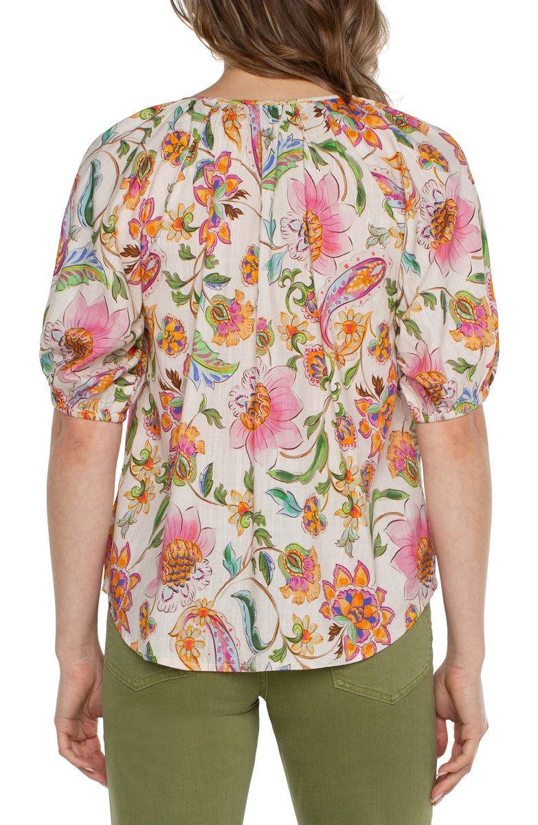Button Front Shirred Woven Top - Pink Multi Floral