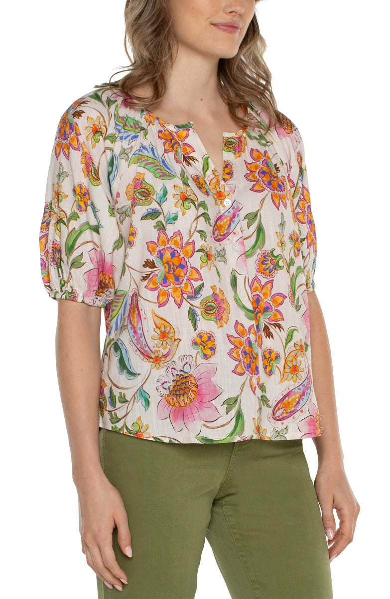 Button Front Shirred Woven Top - Pink Multi Floral