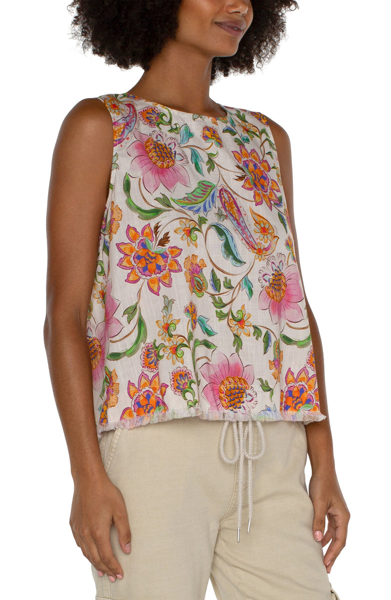 Sleeveless Woven Top with Button Back - Pink Multi Floral