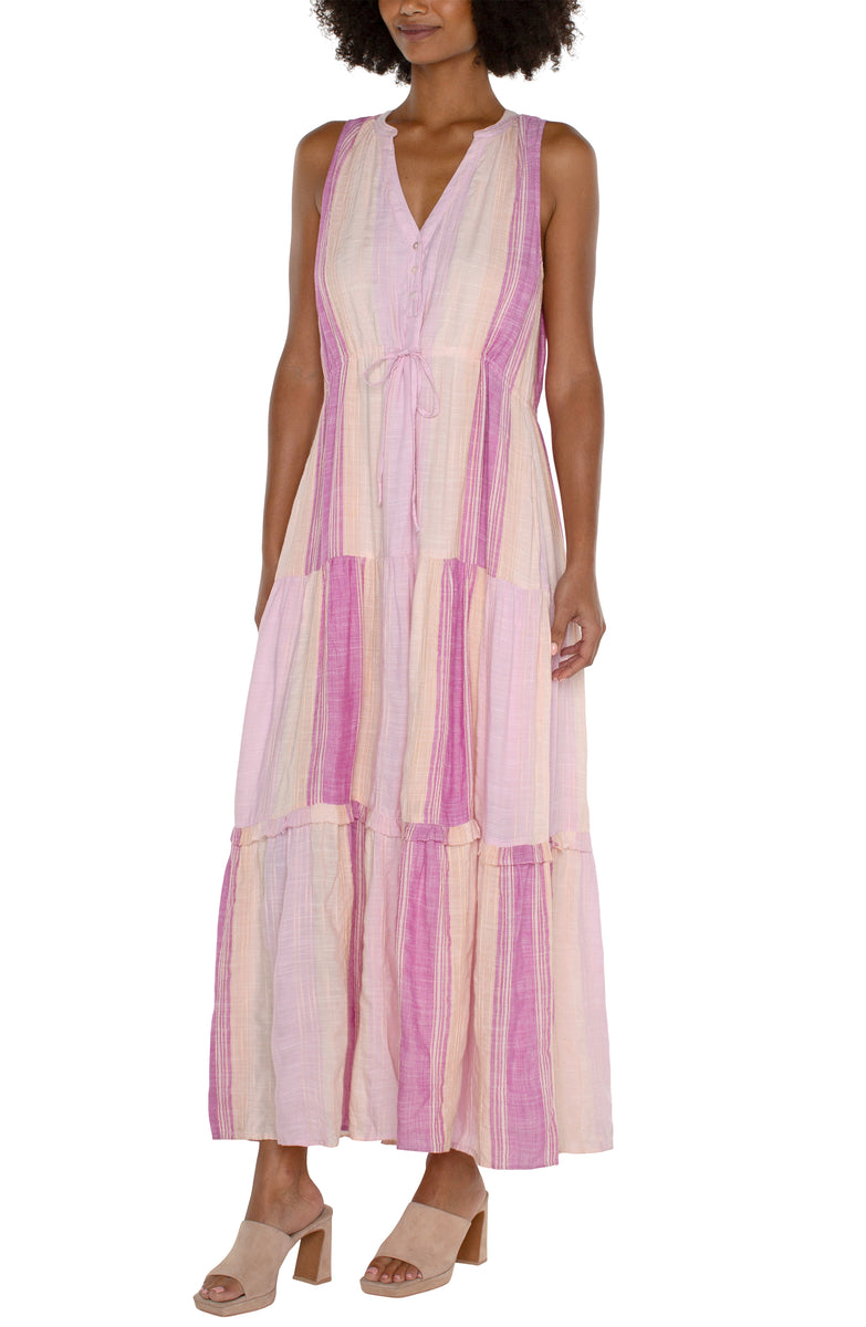 Sleeveless Tiered Maxi Dress - Lavender Multi Stripe