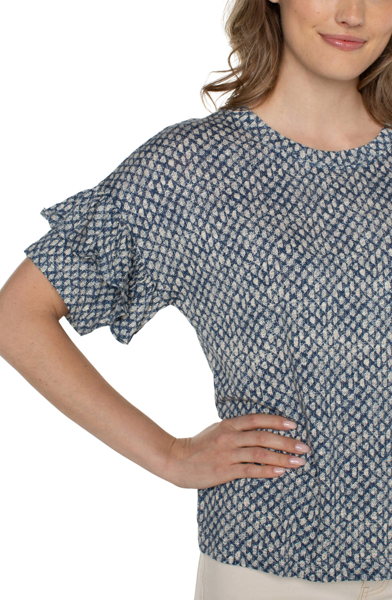 1/2 Sleeve Drop Shoulder with Ruffle - Navy Textured