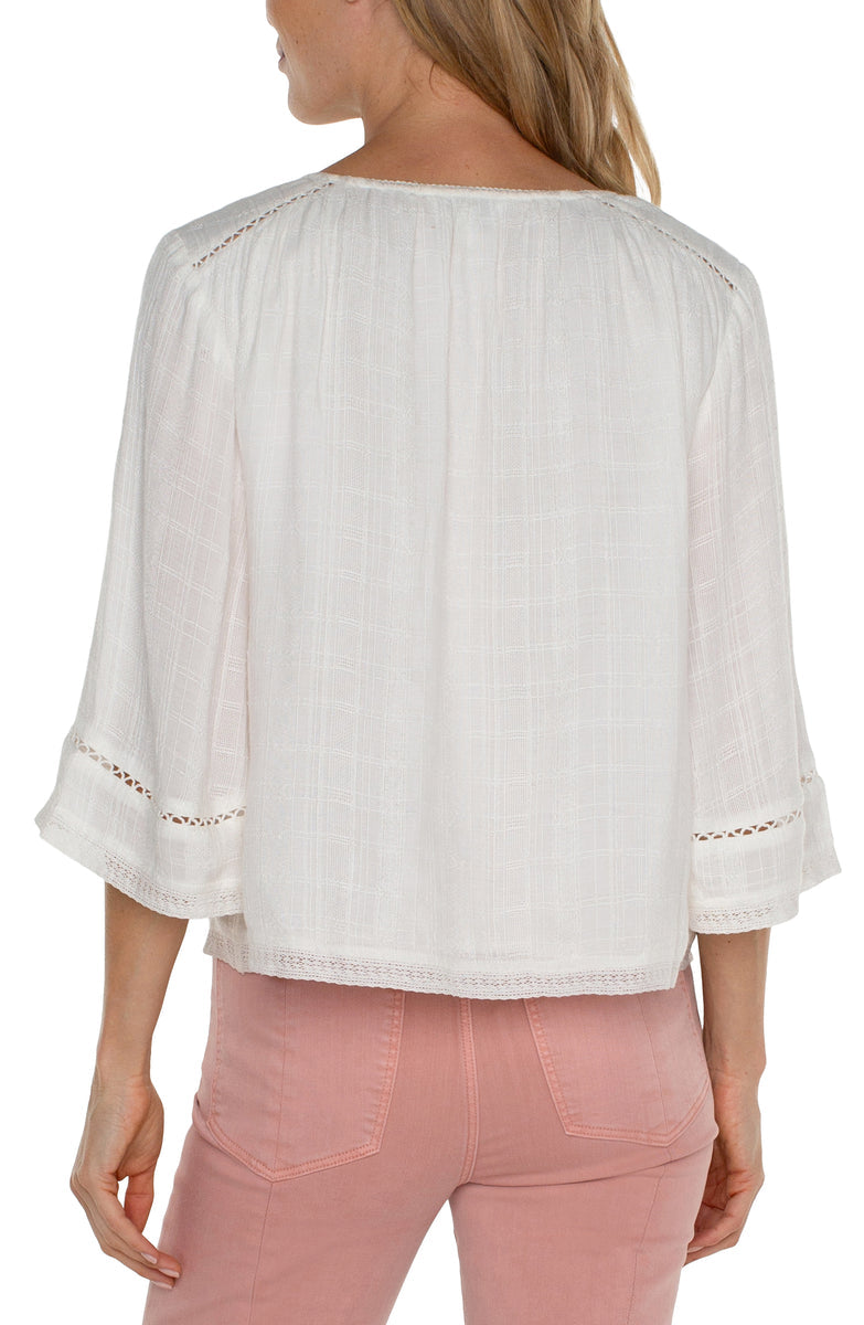 Shirred Woven Tie Front Blouse - Off White