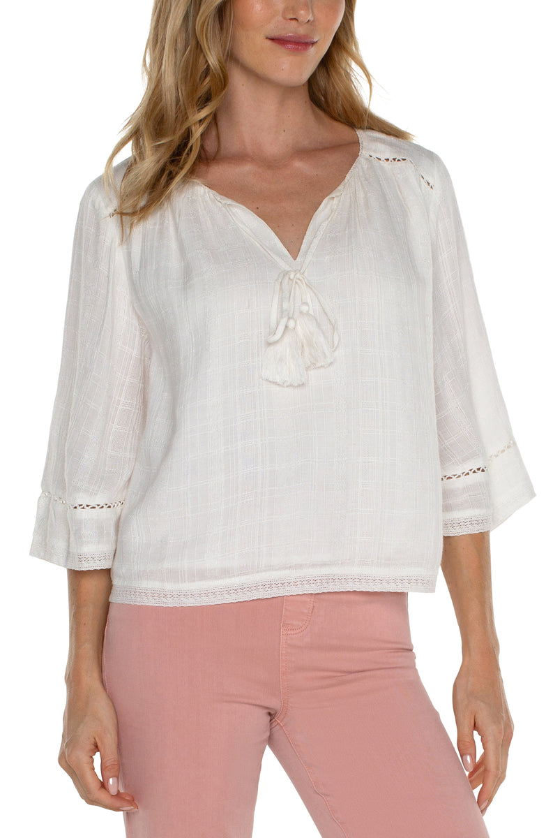 Shirred Woven Tie Front Blouse - Off White