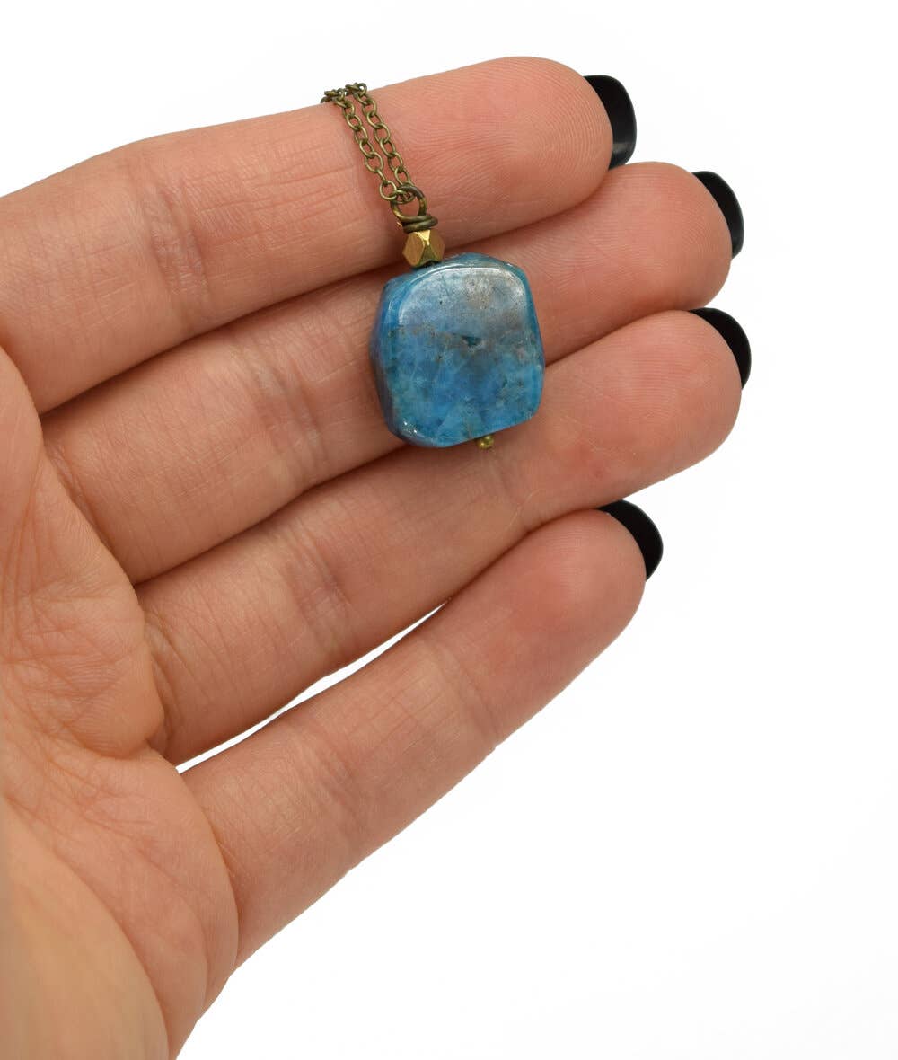 Blue Green Apatite Square Rock Stone Slab Pendant Necklace