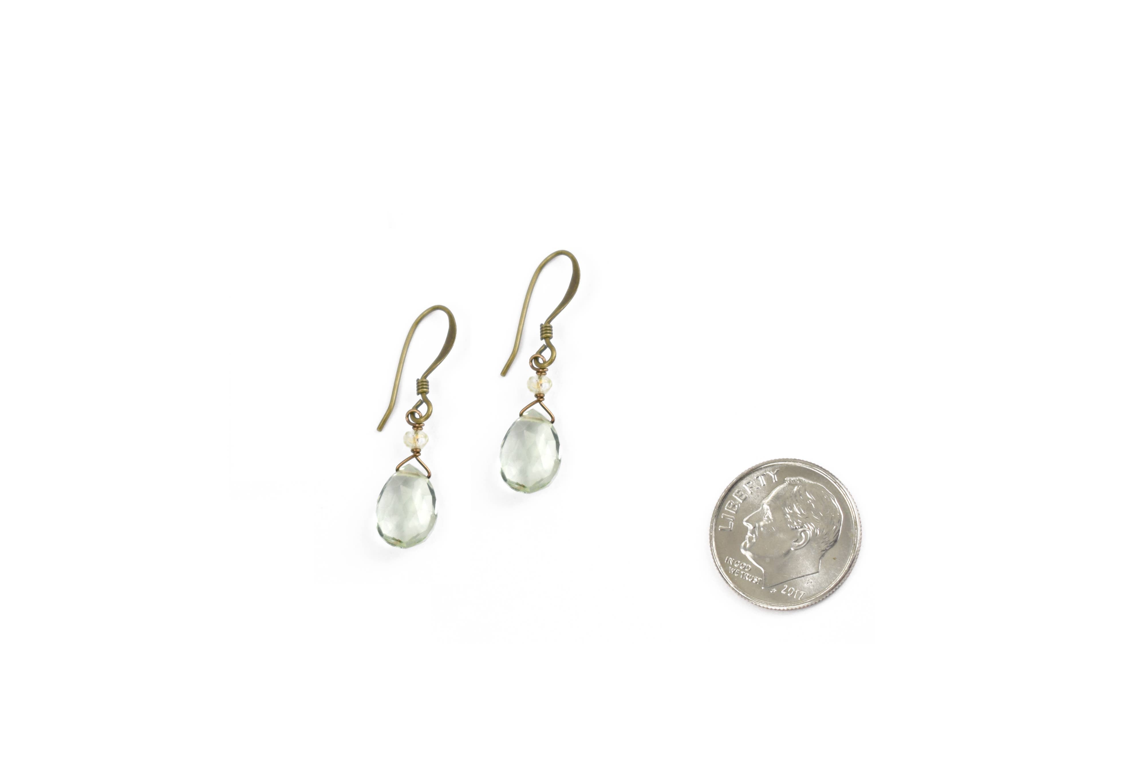 Green Amethyst Dainty Droplet Earrings Pale Yellow Crystal