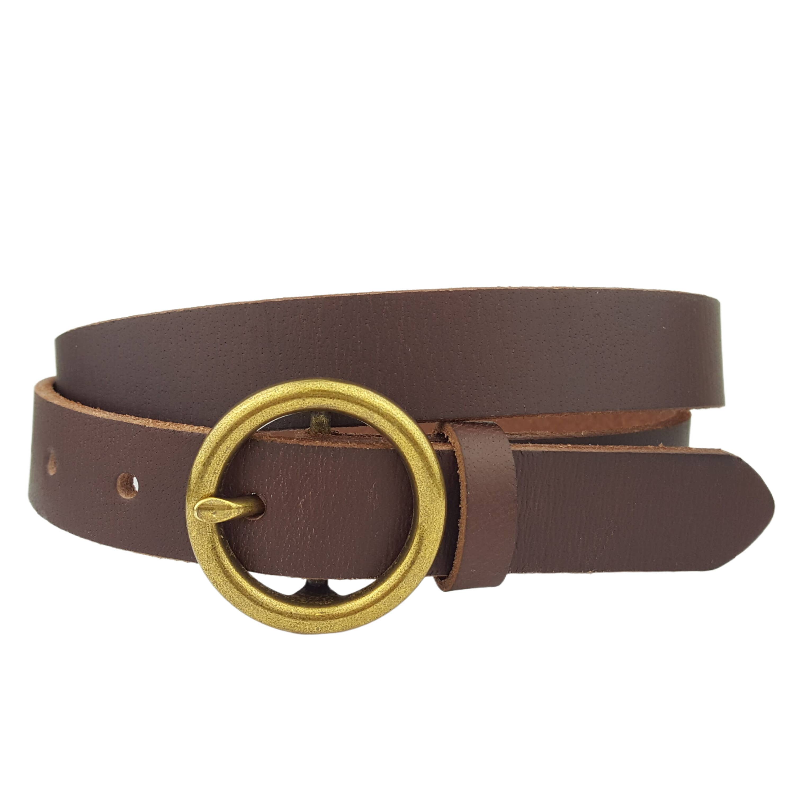 Genuine Leather Skinny Belt with Round Brass Buckle