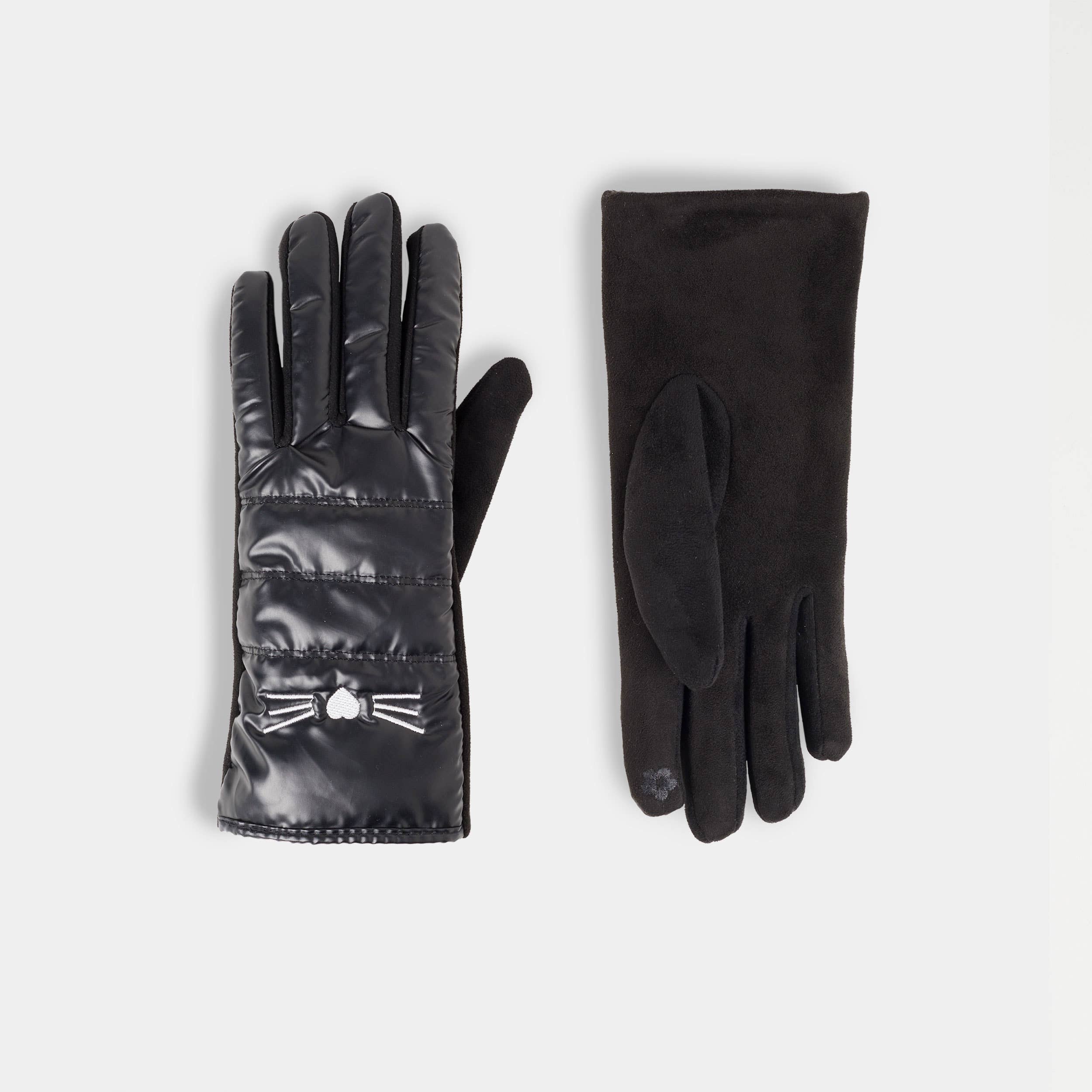 Cat Face Puffer Touchscreen Gloves - Black Cat