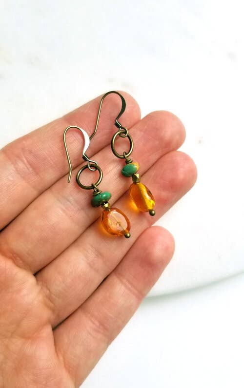 Honey Amber and Turquoise Circle Earrings