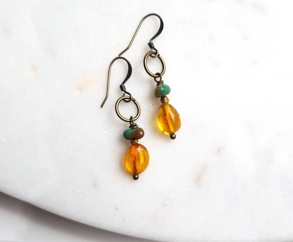 Honey Amber and Turquoise Circle Earrings