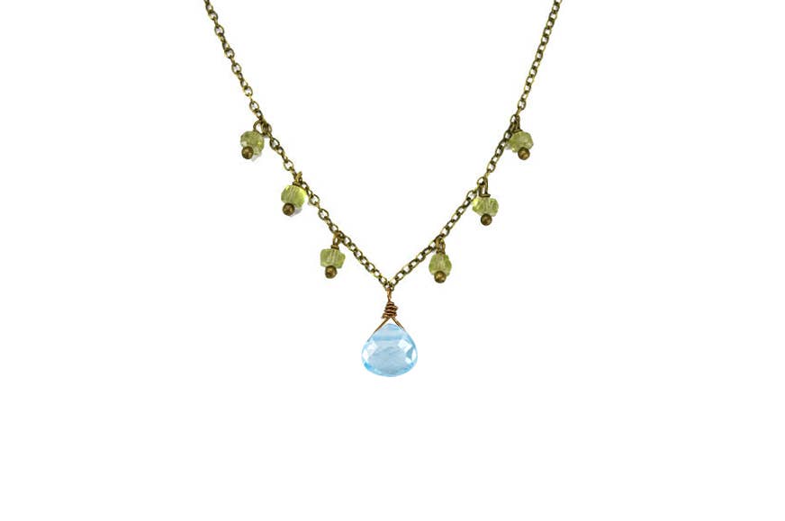 Sky Blue Topaz and Peridot Beaded Dainty Fringe Necklace