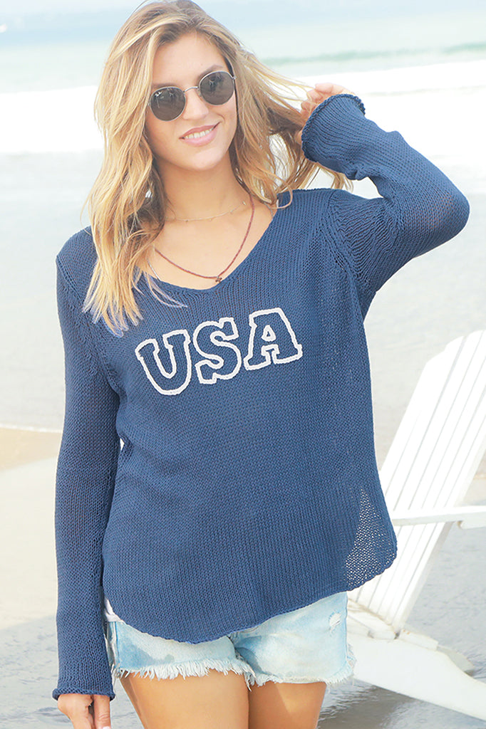 USA Vneck Cotton Sweater - Blue with White Lettering