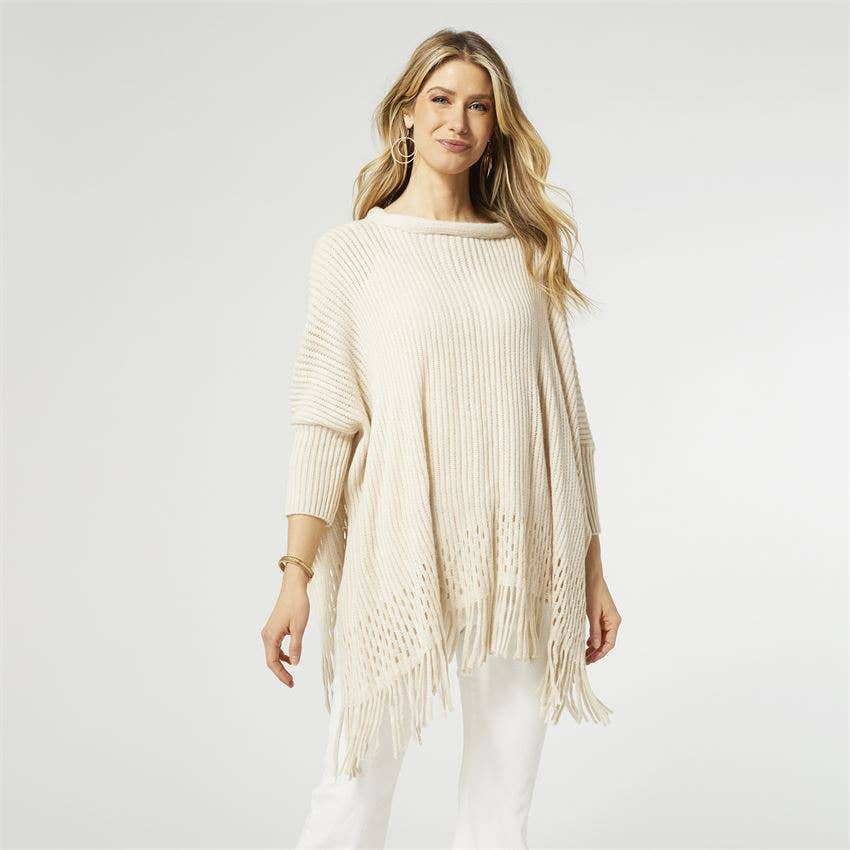 Lynx Lurex Poncho with Fringe - Oatmeal